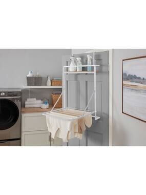 NEW White 24" Folding Metal Indoor Over Door Wall Hang Drying Rack with Shelf